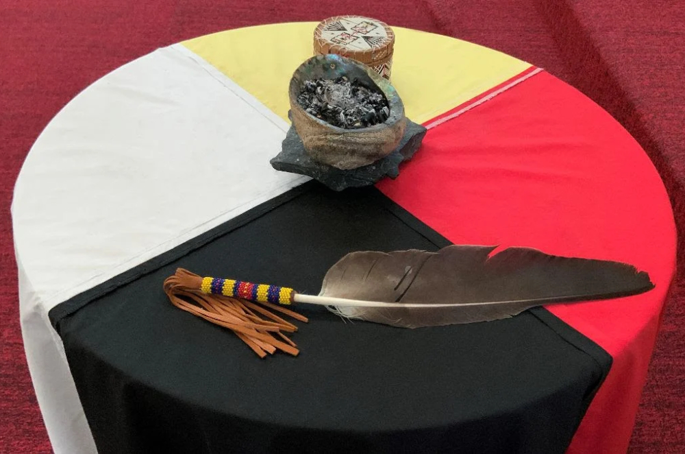 Indigenous colours showing a feather, smudge and indigenous flag